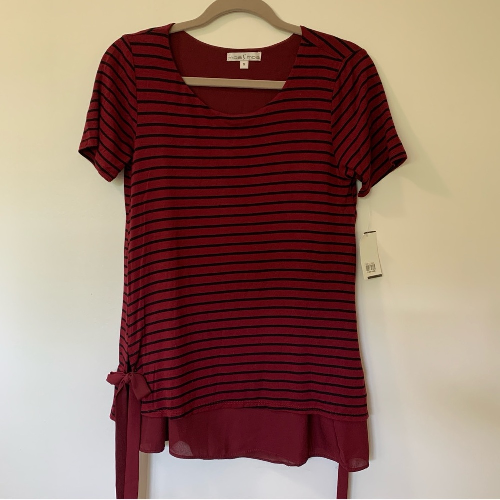 NWT Moa Moa Burgundy and Black Striped Short Sleeve Tunic with Side Tie
